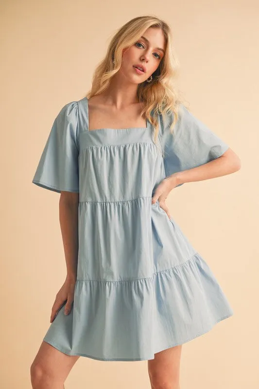 Light Blue Square Neck Half Sleeve Tiered Dress