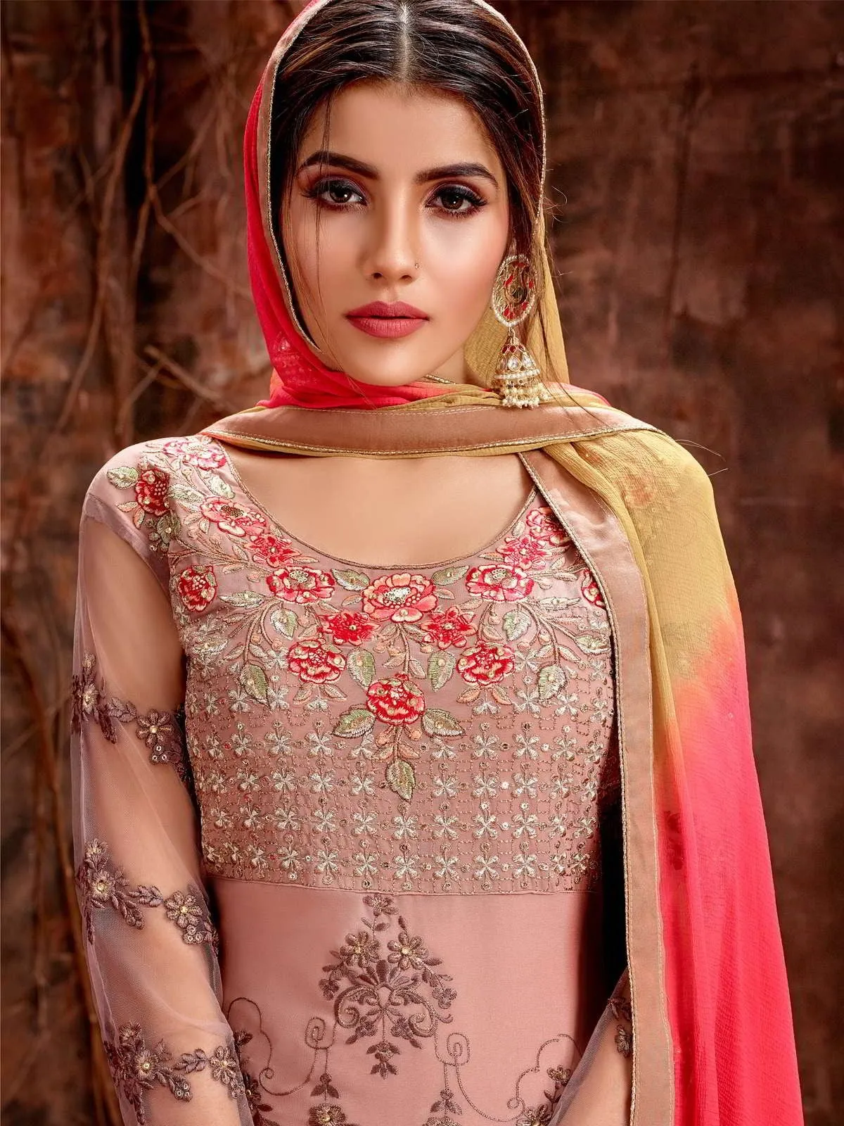 Light Pink And Peach Traditional Embroidered Pakistani Pant Suit