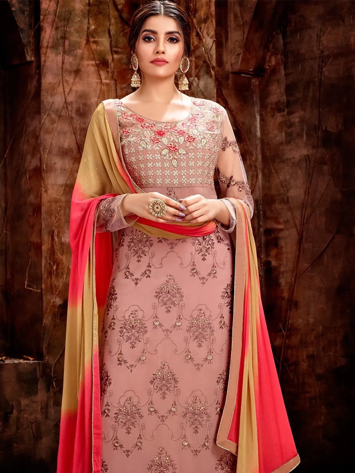 Light Pink And Peach Traditional Embroidered Pakistani Pant Suit