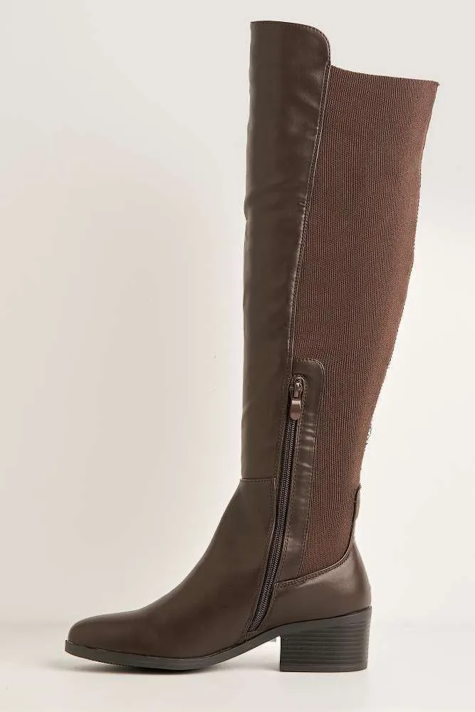 Lira Elastic Back Gusset Low Heel Calf Boots in Brown