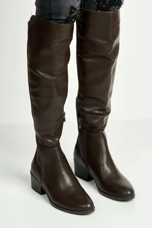 Lira Elastic Back Gusset Low Heel Calf Boots in Brown