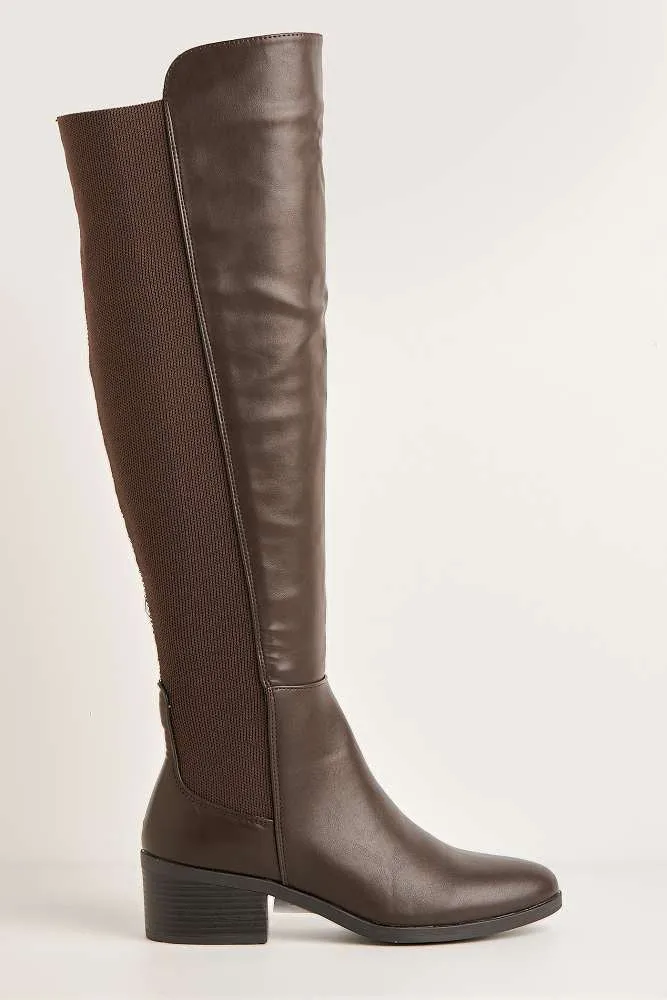 Lira Elastic Back Gusset Low Heel Calf Boots in Brown