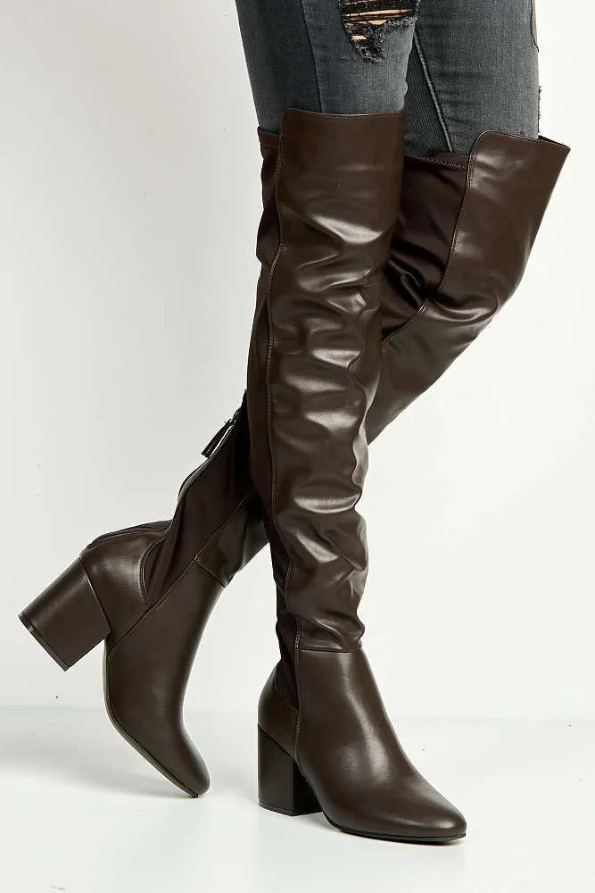 Lira Elastic Back Gusset Low Heel Calf Boots in Brown