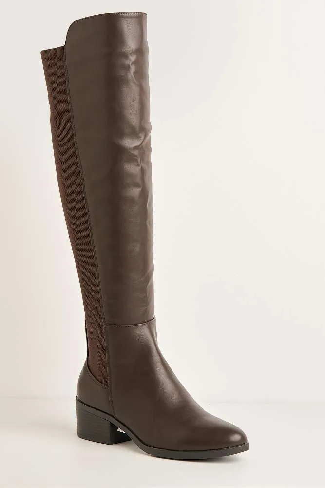 Lira Elastic Back Gusset Low Heel Calf Boots in Brown