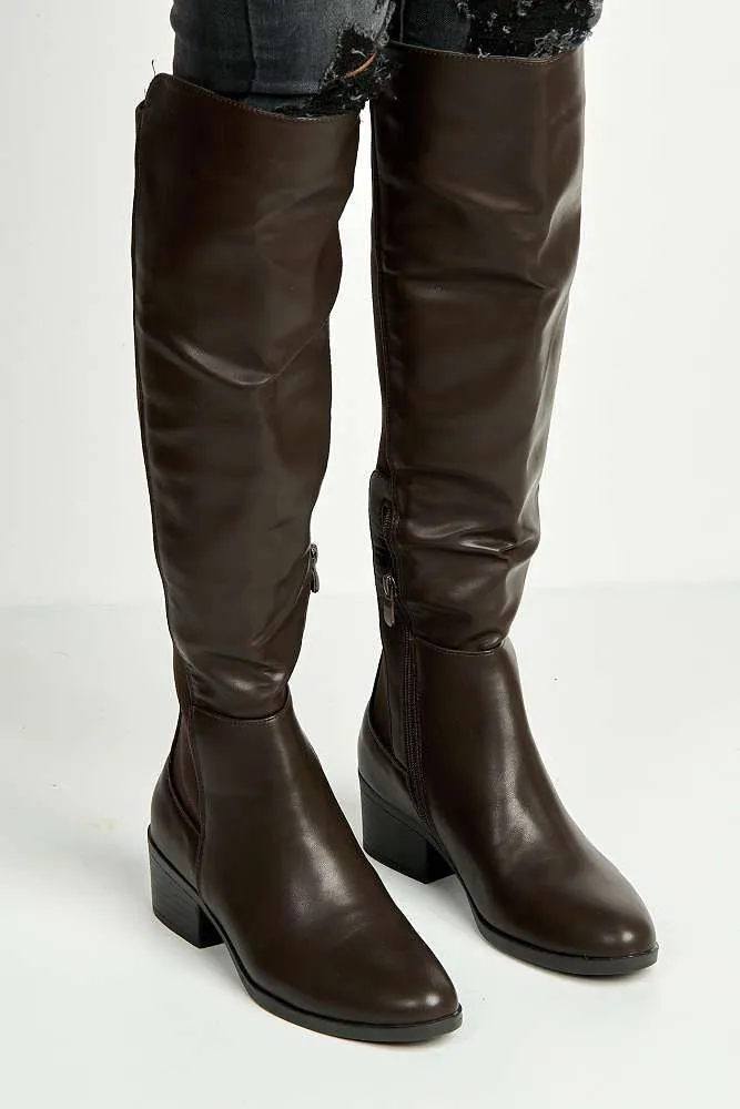 Lira Elastic Back Gusset Low Heel Calf Boots in Brown