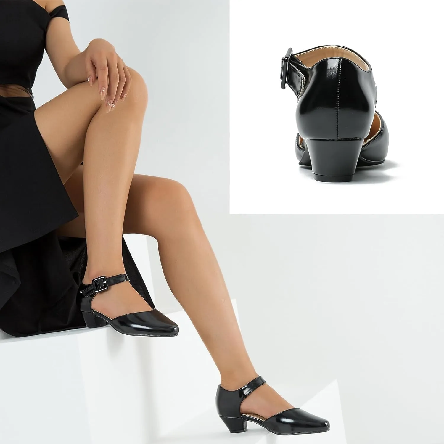 LIURUIJIA Women's Ankle Strap Low Heel Dress Shoes Closed Toe Formal Work Wedding Bridal Heels Comfortable Pumps