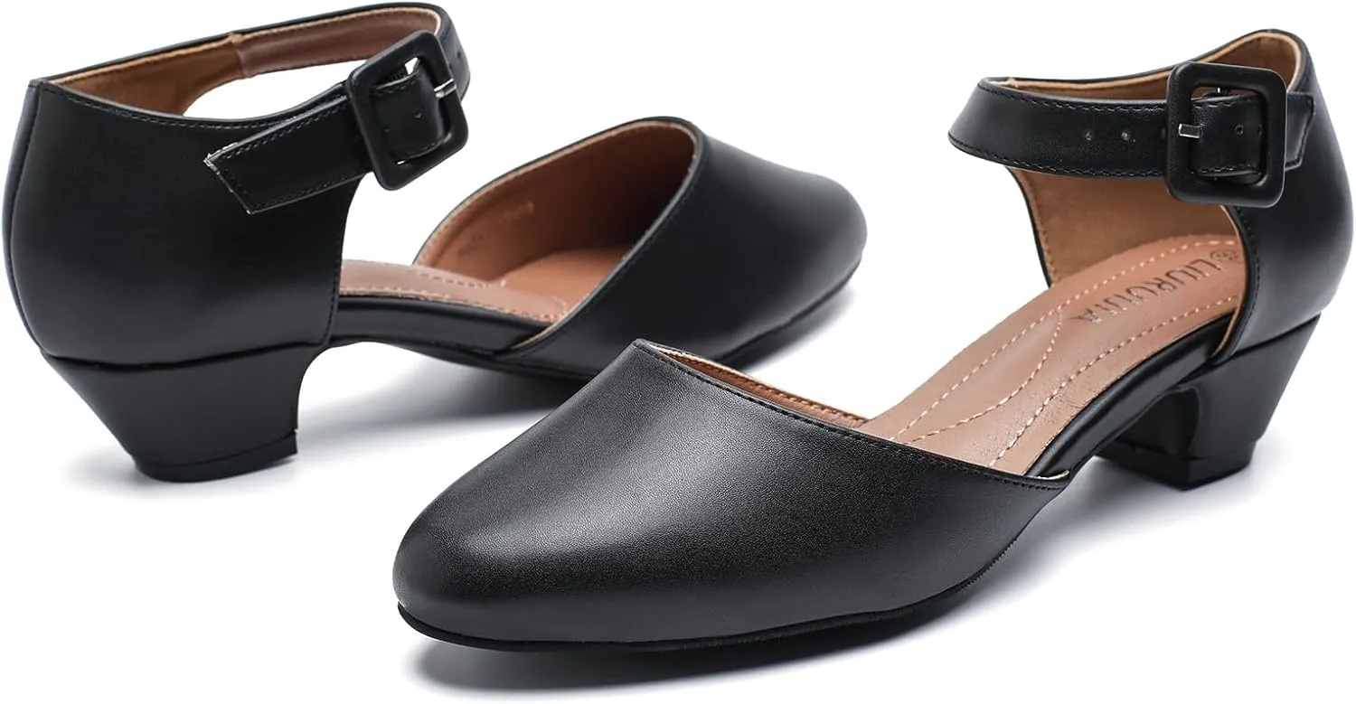 LIURUIJIA Women's Ankle Strap Low Heel Dress Shoes Closed Toe Formal Work Wedding Bridal Heels Comfortable Pumps