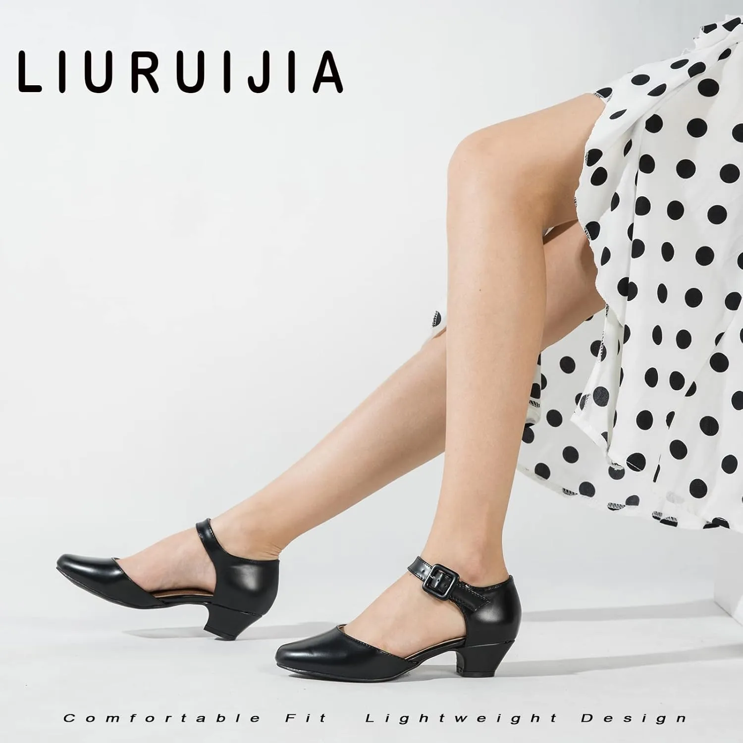 LIURUIJIA Women's Ankle Strap Low Heel Dress Shoes Closed Toe Formal Work Wedding Bridal Heels Comfortable Pumps