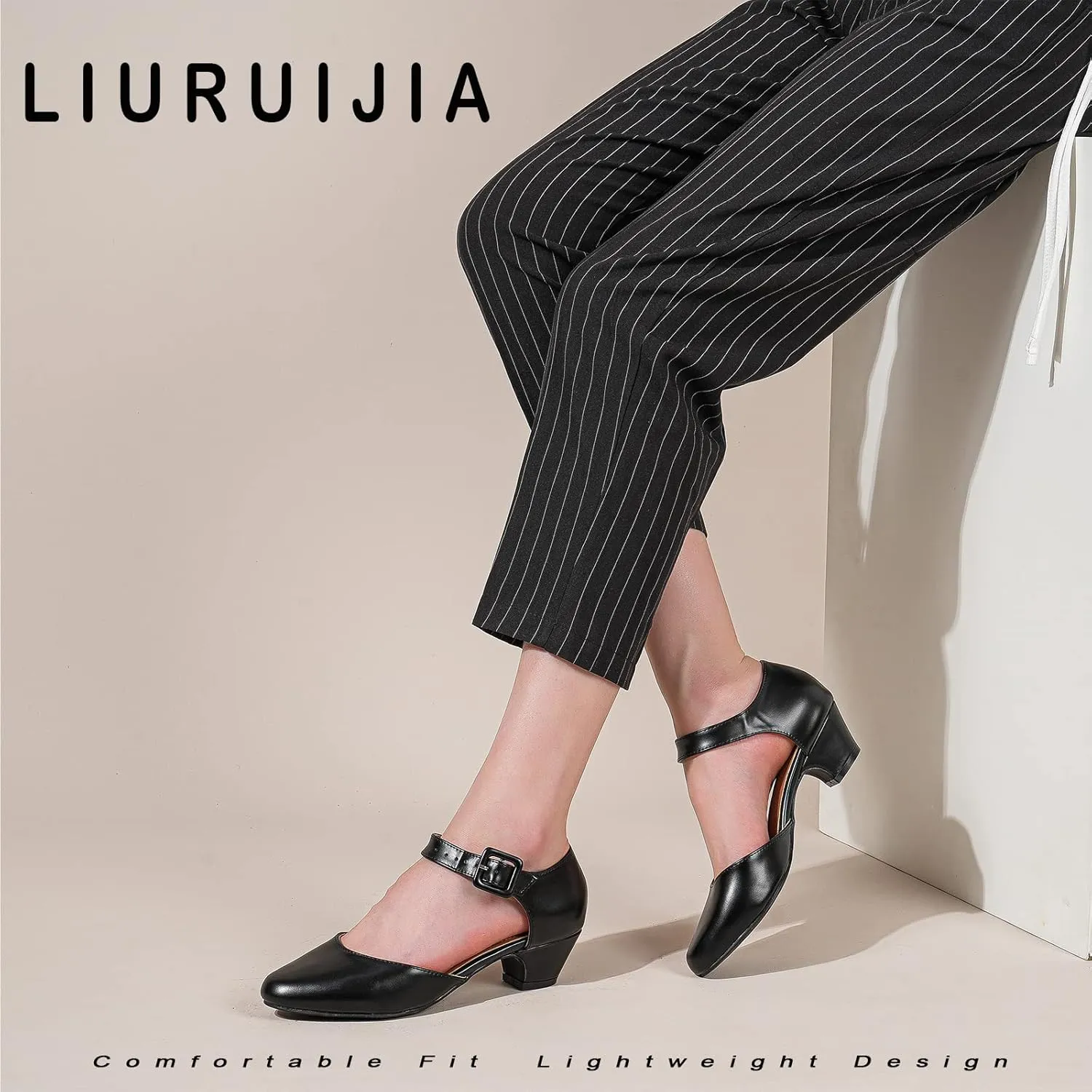 LIURUIJIA Women's Ankle Strap Low Heel Dress Shoes Closed Toe Formal Work Wedding Bridal Heels Comfortable Pumps