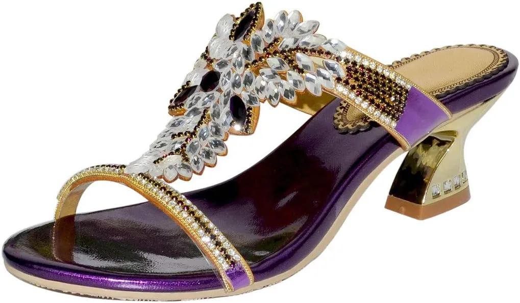LizFoYa Women Summer Slip On Strappy Party Heels Rhinestone Heeled Beach Sandals