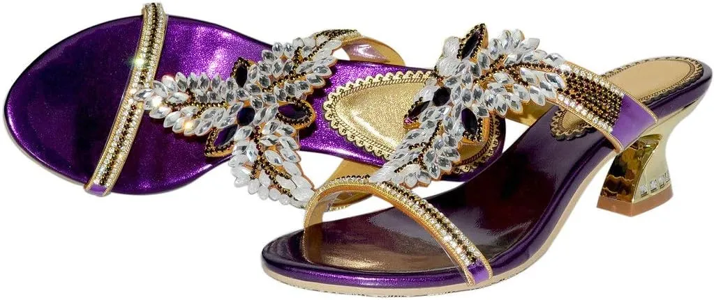 LizFoYa Women Summer Slip On Strappy Party Heels Rhinestone Heeled Beach Sandals
