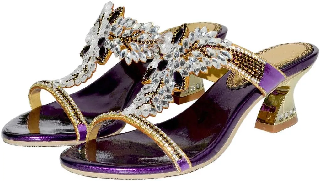 LizFoYa Women Summer Slip On Strappy Party Heels Rhinestone Heeled Beach Sandals