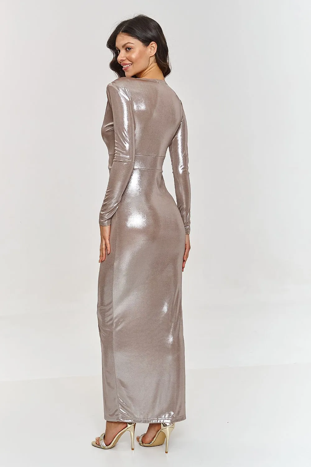 Long metallic material draped neck evening dress