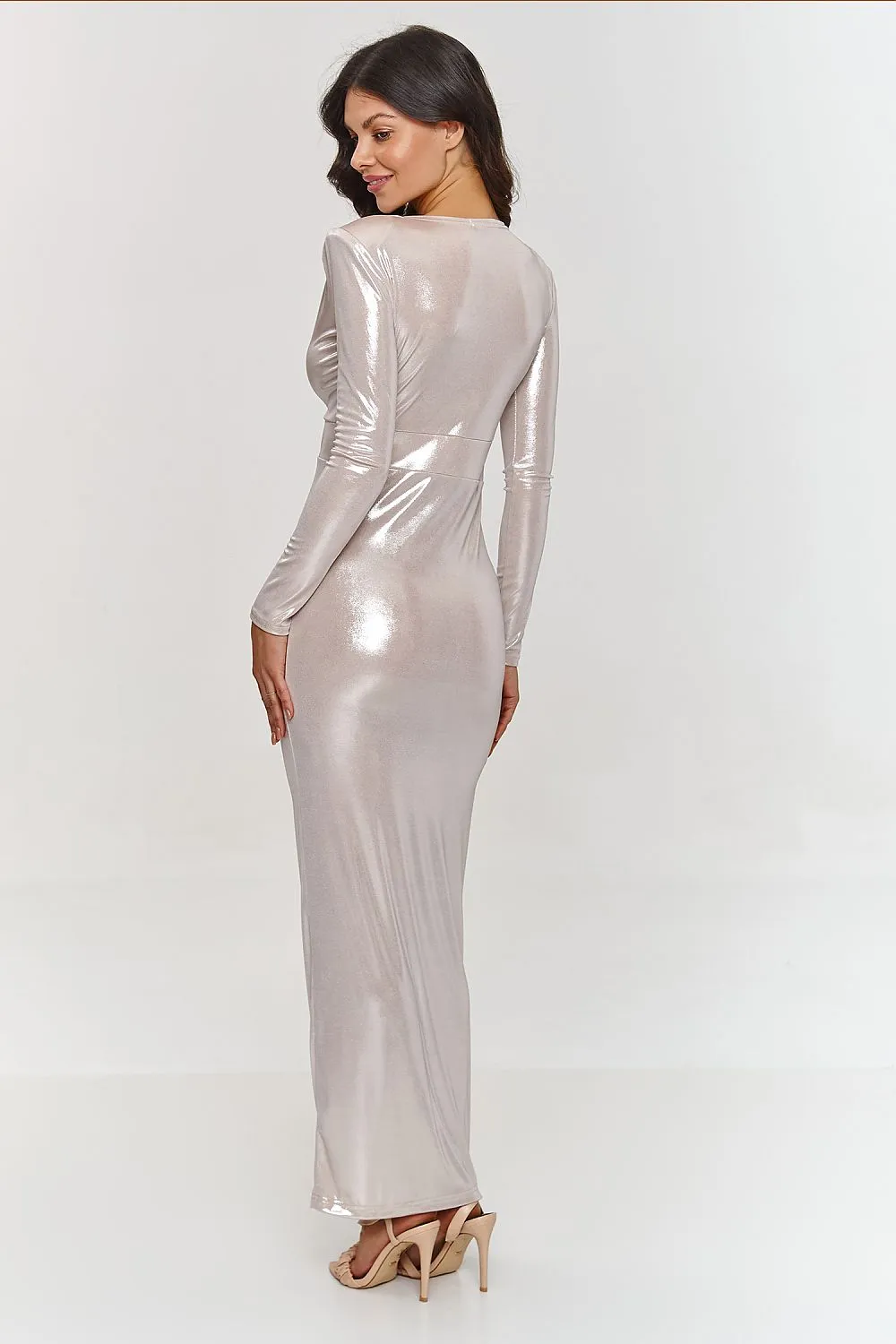 Long metallic material draped neck evening dress
