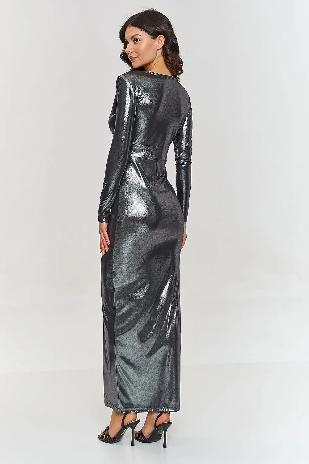 Long metallic material draped neck evening dress
