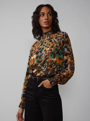 Long Sleeve Abstract Print Chiffon Blouse