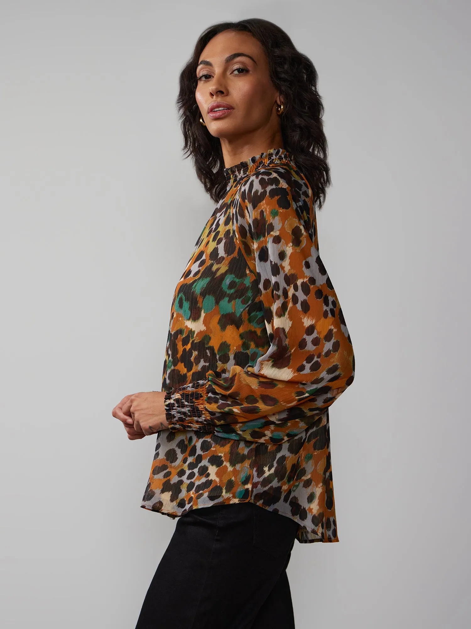 Long Sleeve Abstract Print Chiffon Blouse