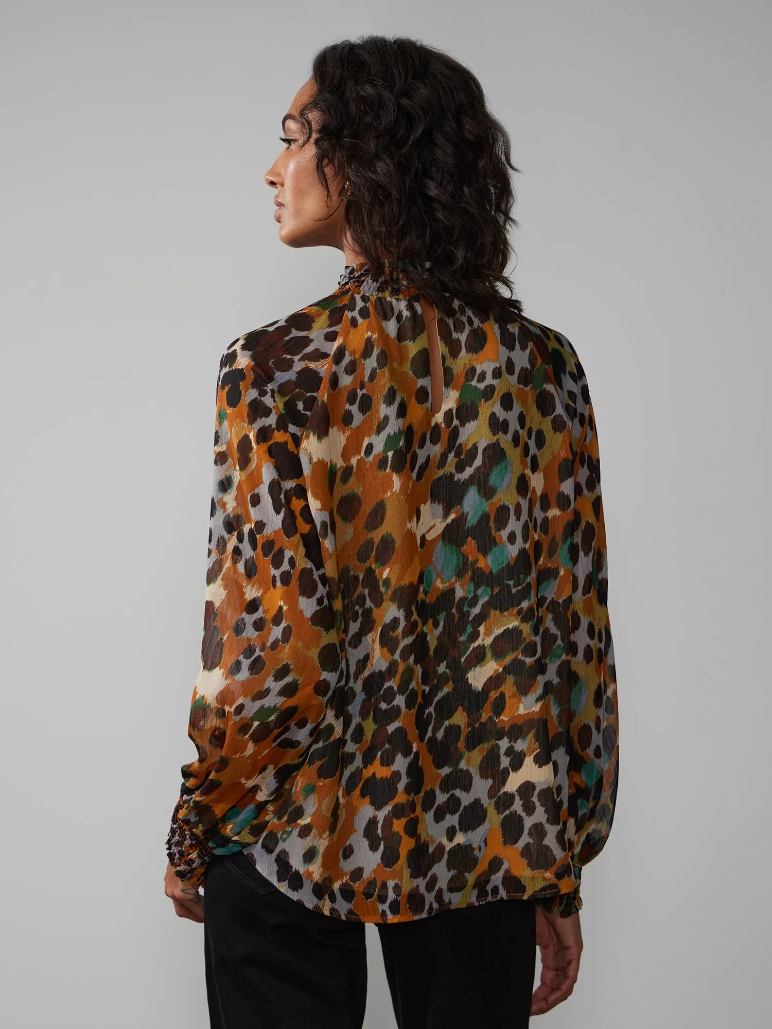 Long Sleeve Abstract Print Chiffon Blouse