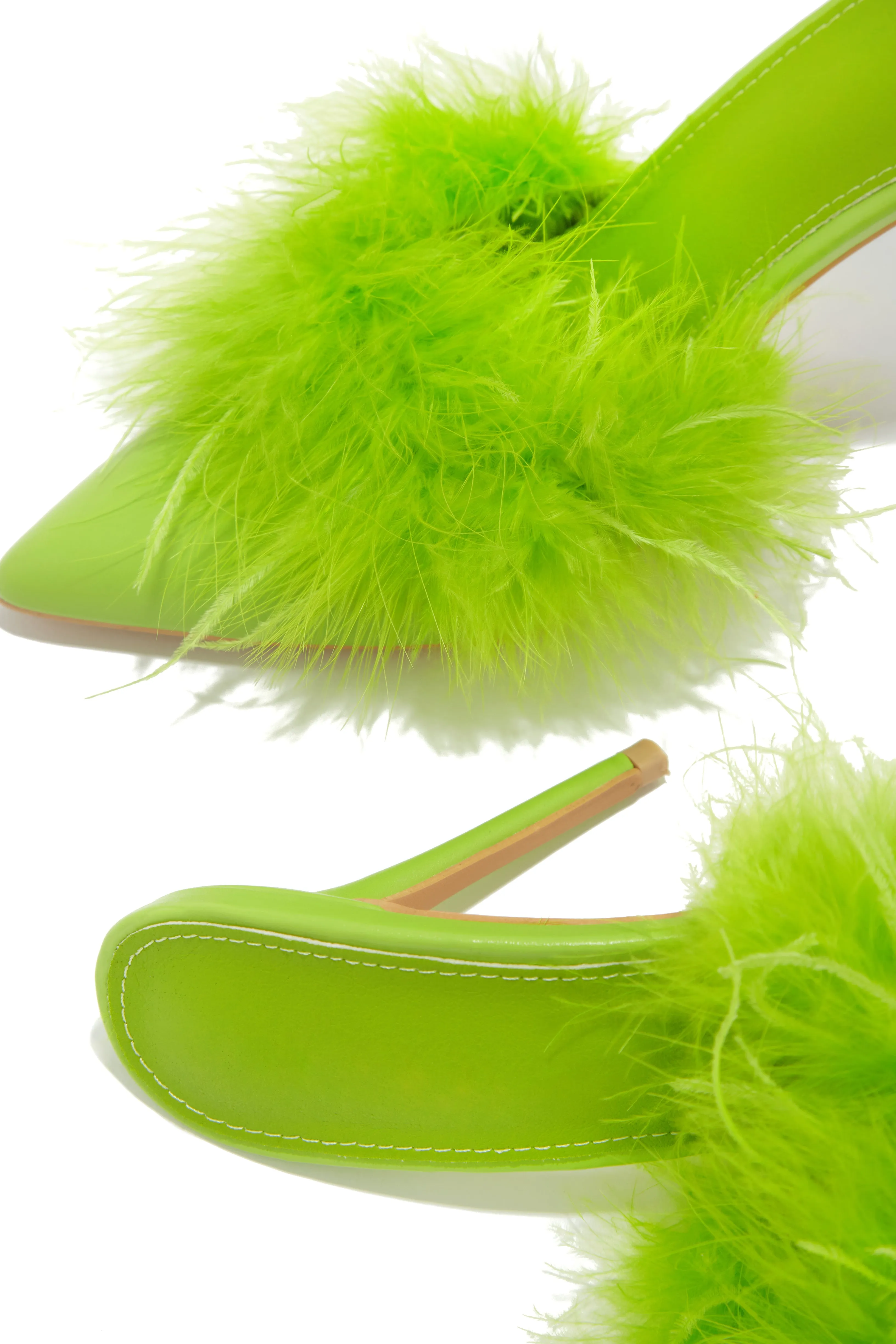 Lorelai Faux Feather Mule Heels - Lime