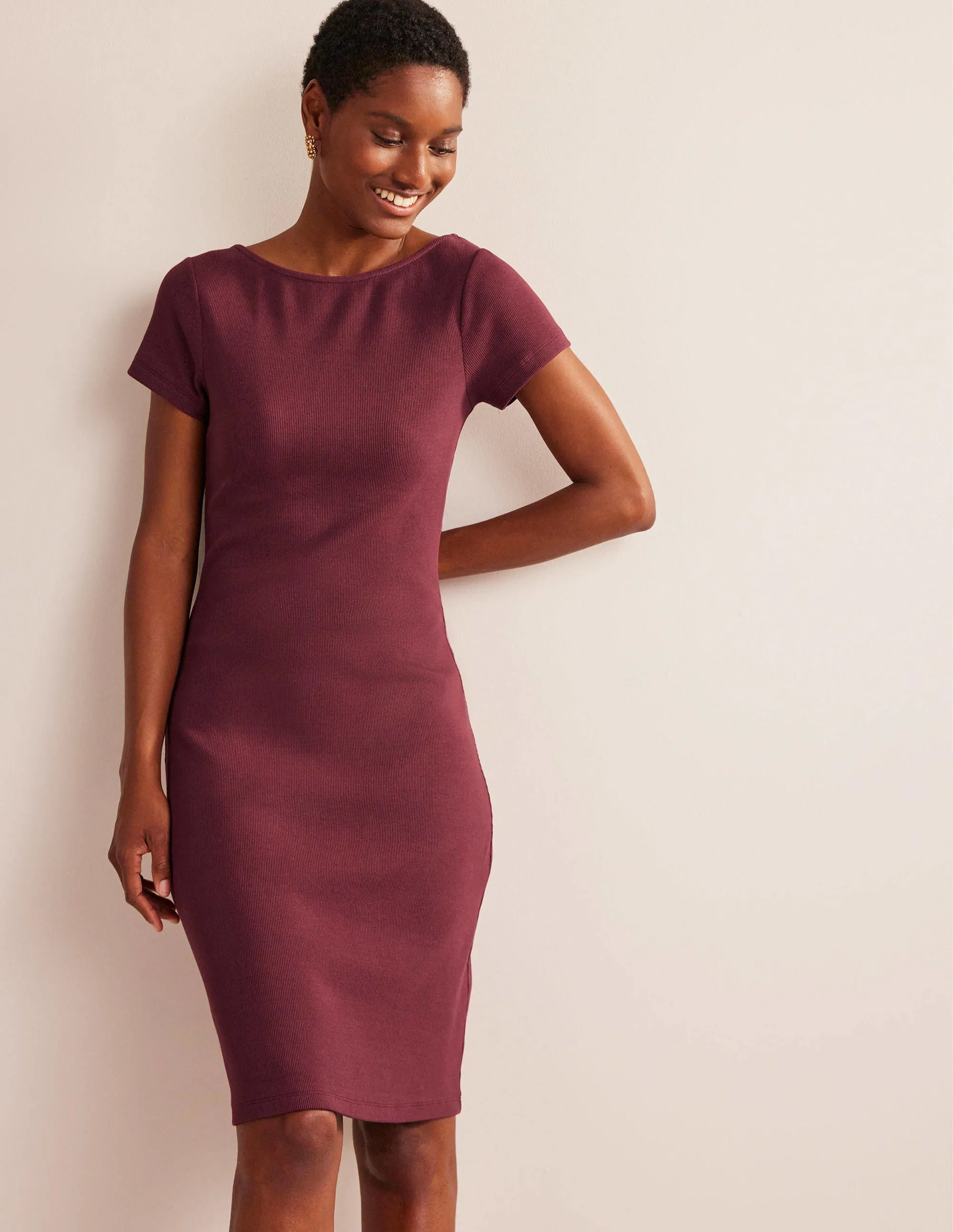 Low-Back Rib Jersey Mini Dress-Dark Burgundy
