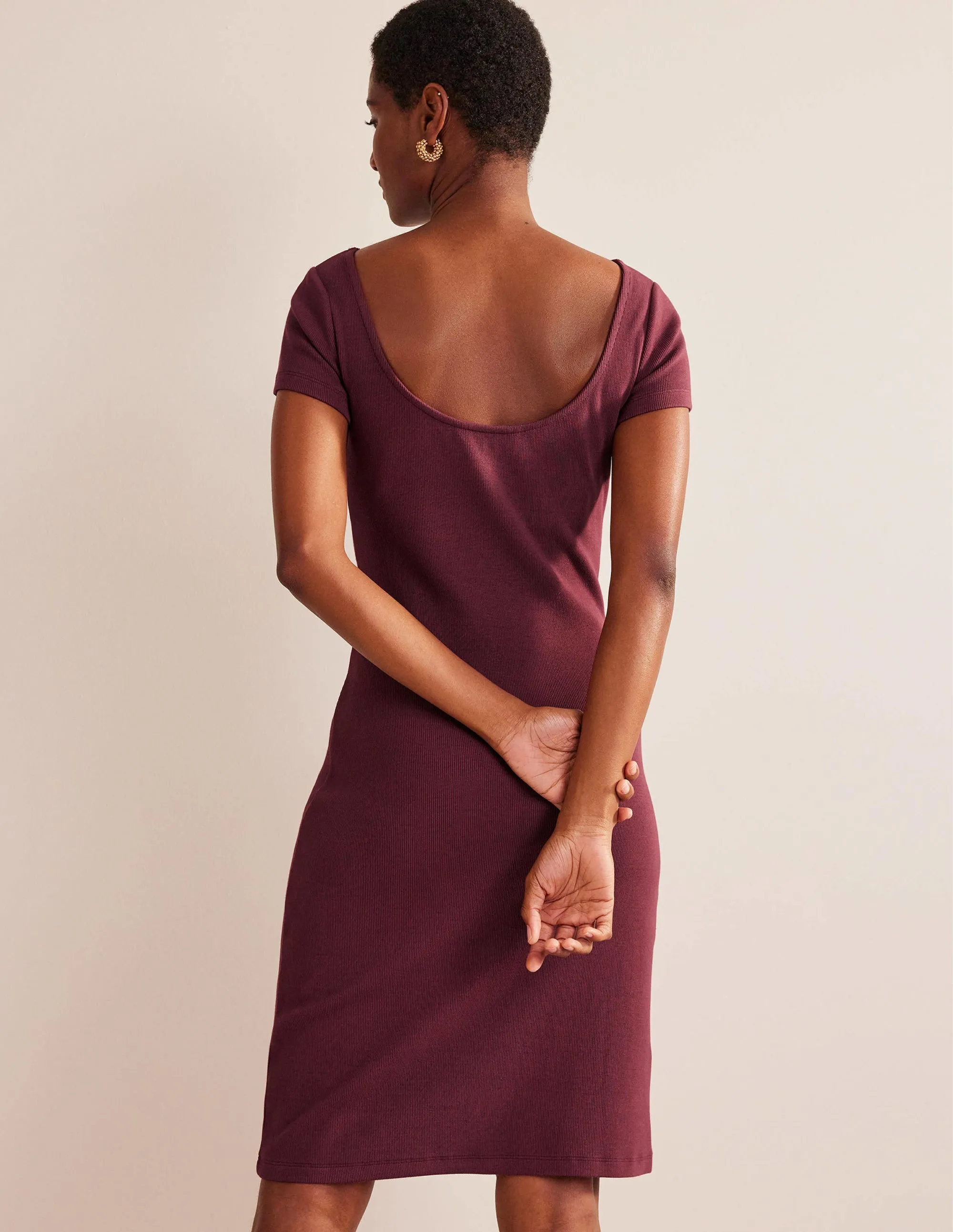 Low-Back Rib Jersey Mini Dress-Dark Burgundy