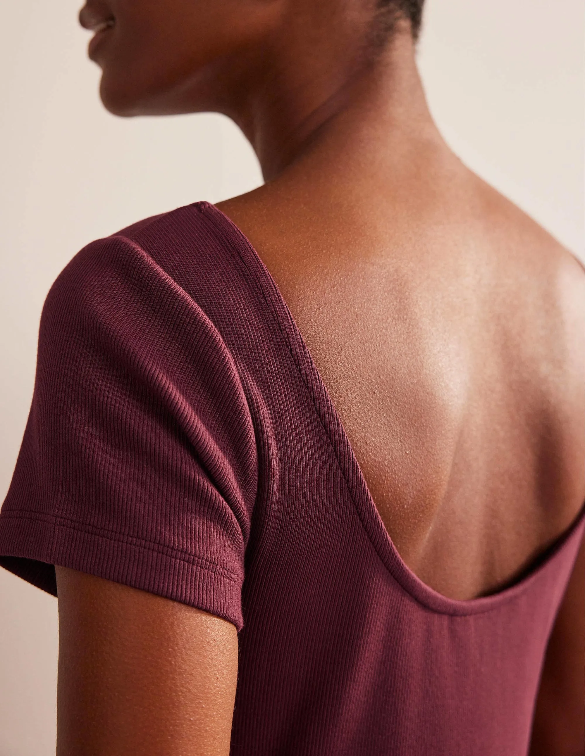 Low-Back Rib Jersey Mini Dress-Dark Burgundy
