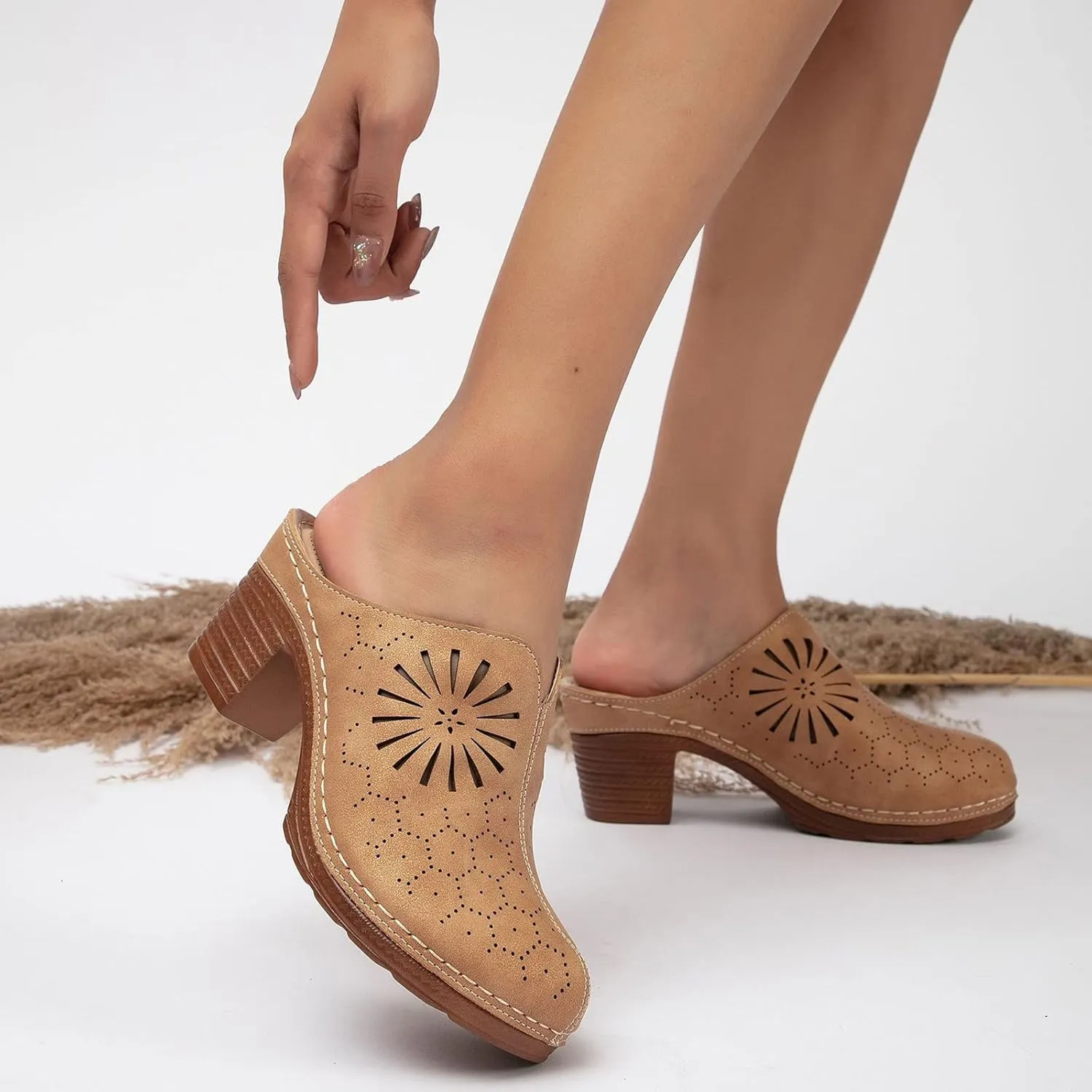 Low Wedge Sandals for Women Hollow Closed Toe Chunky Heels Mules,Summer Slip On Loafer,Casual Breathable Backless Slides