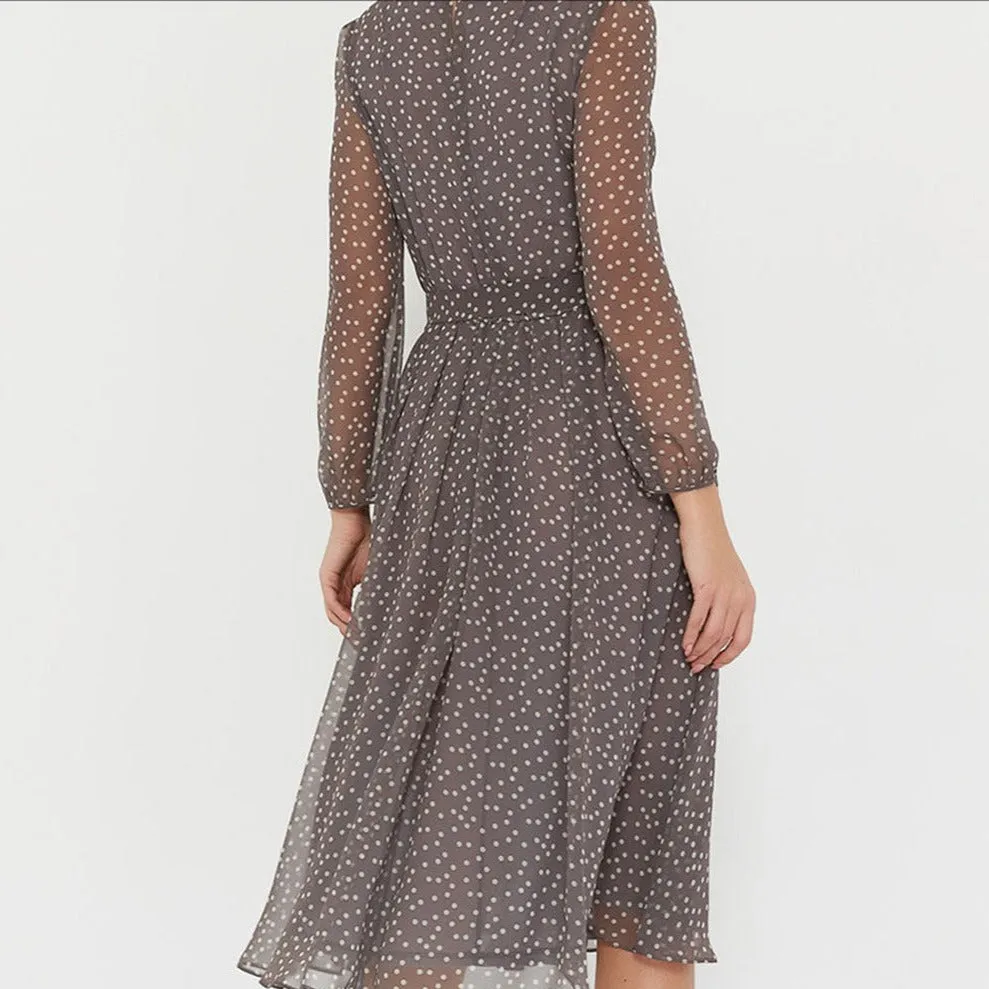 Luexco Lace Polka Dot Midi Dress Printed Flowing Chiffon