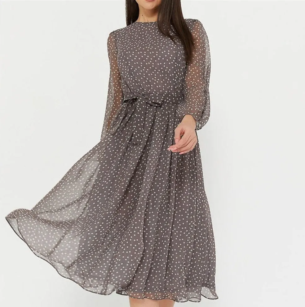 Luexco Lace Polka Dot Midi Dress Printed Flowing Chiffon