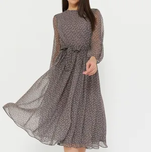 Luexco Lace Polka Dot Midi Dress Printed Flowing Chiffon