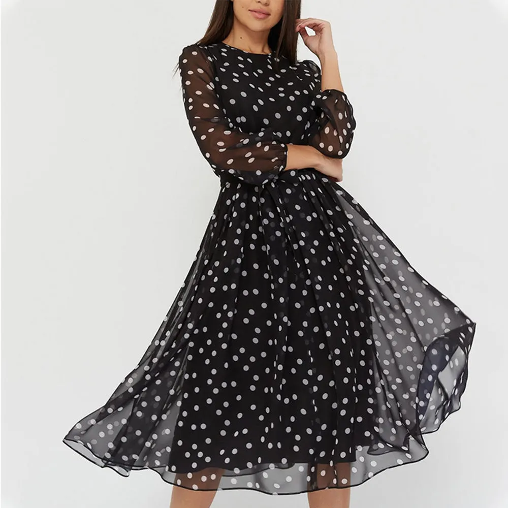Luexco Lace Polka Dot Midi Dress Printed Flowing Chiffon