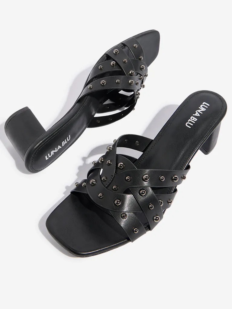 LUNA BLU Black Multi Strap Studded Heel Sandals