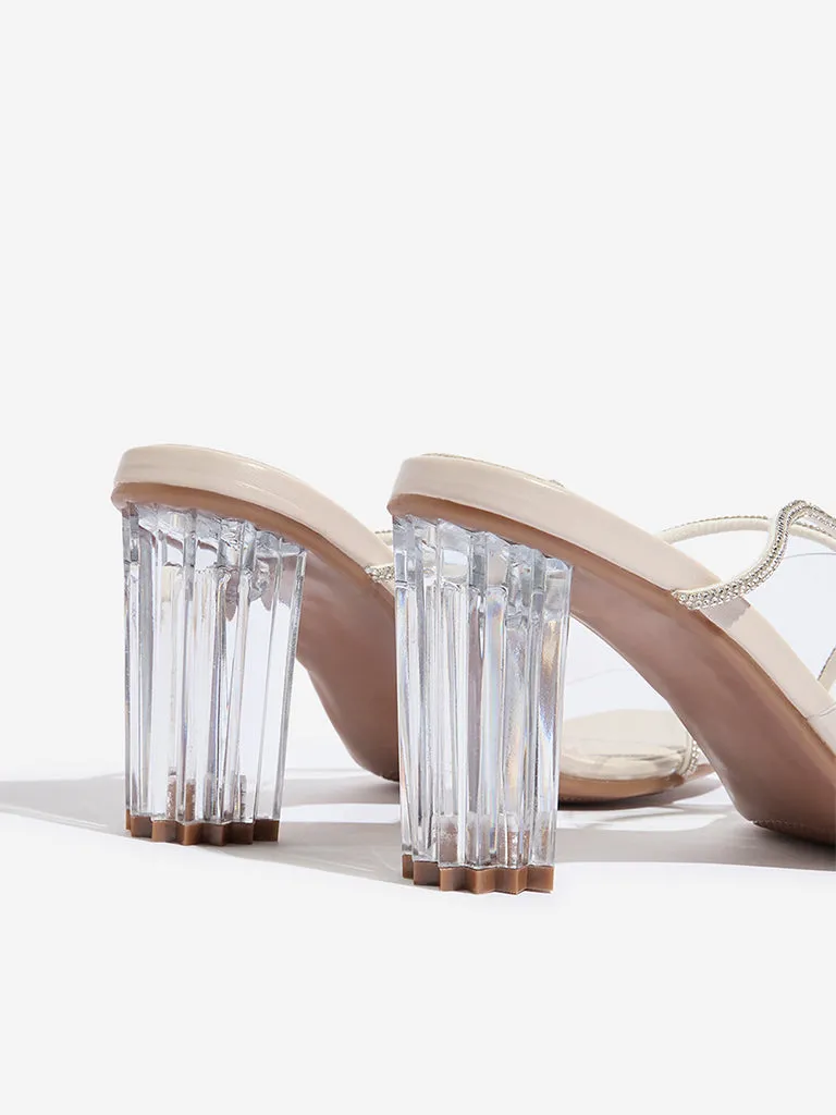 LUNA BLU Ivory Diamante Embellished Vinyl Heel Sandals