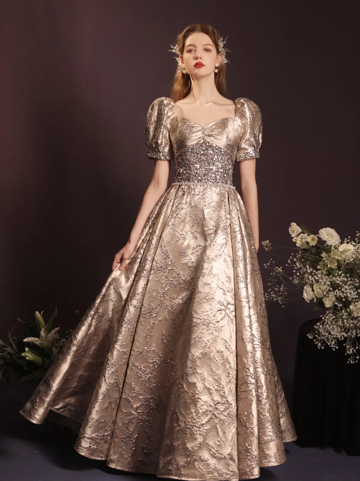 Luxurious Gold Jacquard Puff Sleeve Ball Gown with Sequin Bodice