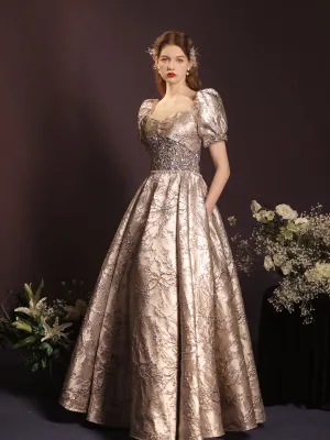 Luxurious Gold Jacquard Puff Sleeve Ball Gown with Sequin Bodice