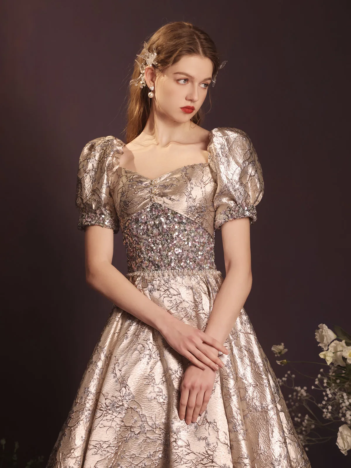 Luxurious Gold Jacquard Puff Sleeve Ball Gown with Sequin Bodice