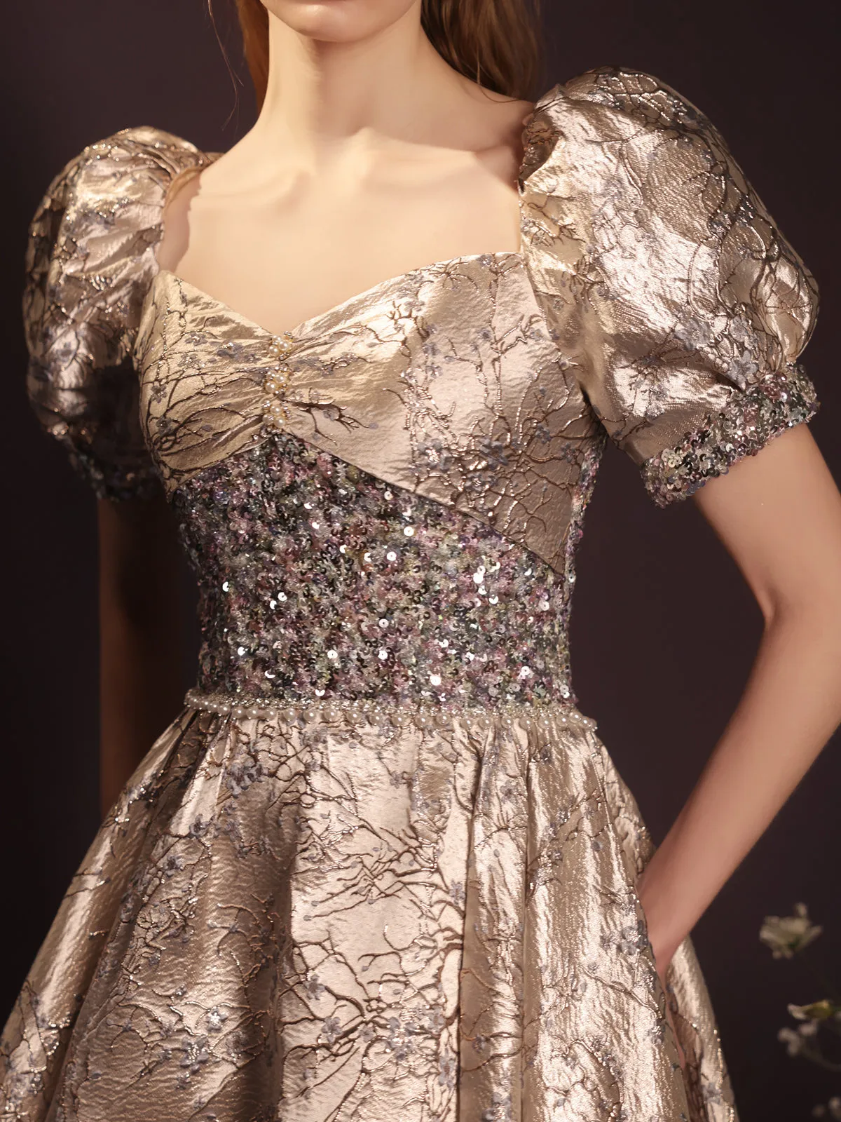 Luxurious Gold Jacquard Puff Sleeve Ball Gown with Sequin Bodice