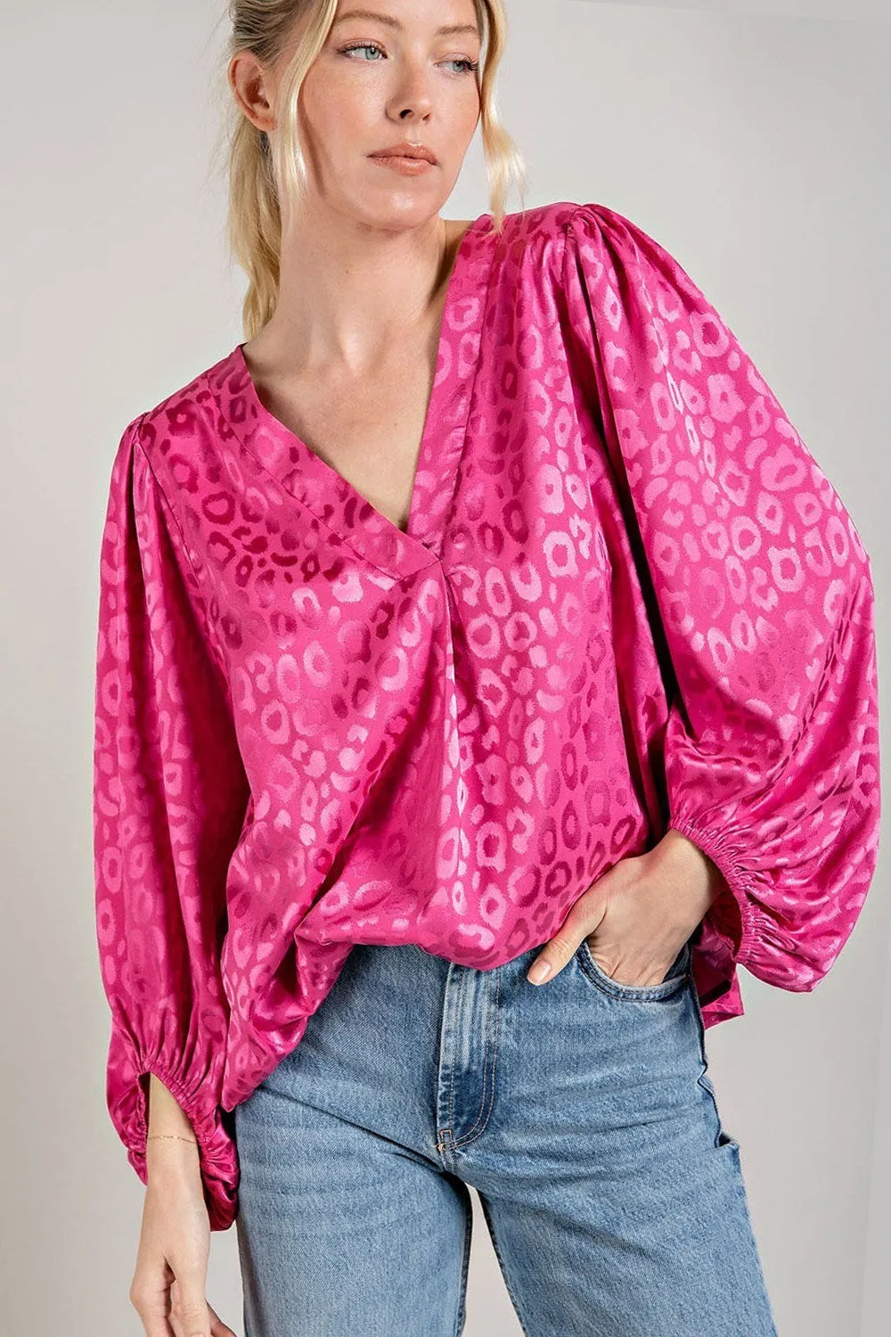 Madison Satin Animal Print Blouse (Hot Pink)