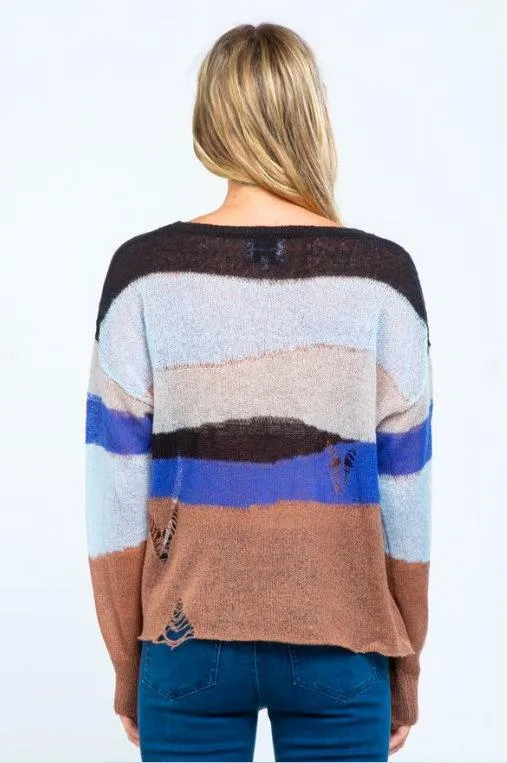Malibu Wave Blue Multi Stripe Ripped Sweater Top