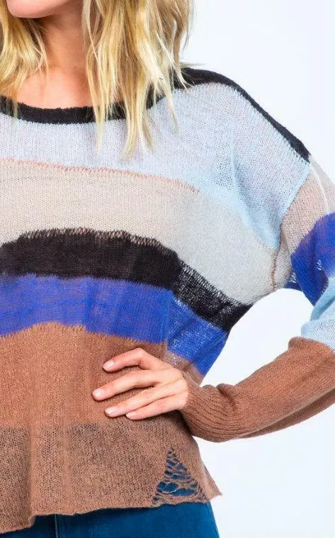 Malibu Wave Blue Multi Stripe Ripped Sweater Top