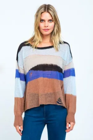 Malibu Wave Blue Multi Stripe Ripped Sweater Top
