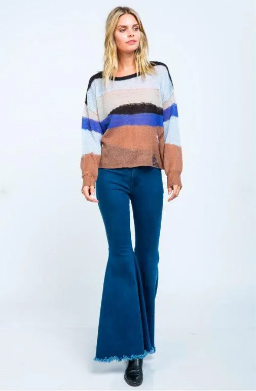 Malibu Wave Blue Multi Stripe Ripped Sweater Top