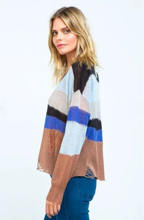 Malibu Wave Blue Multi Stripe Ripped Sweater Top