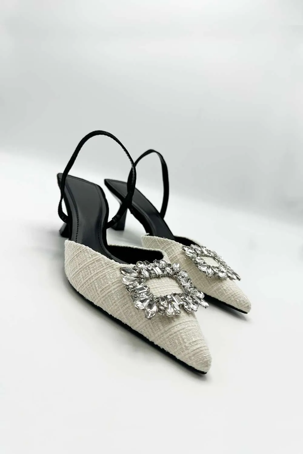 Marcy Diamante Brooch Pointed Toe Textured Court Shoes in Beige