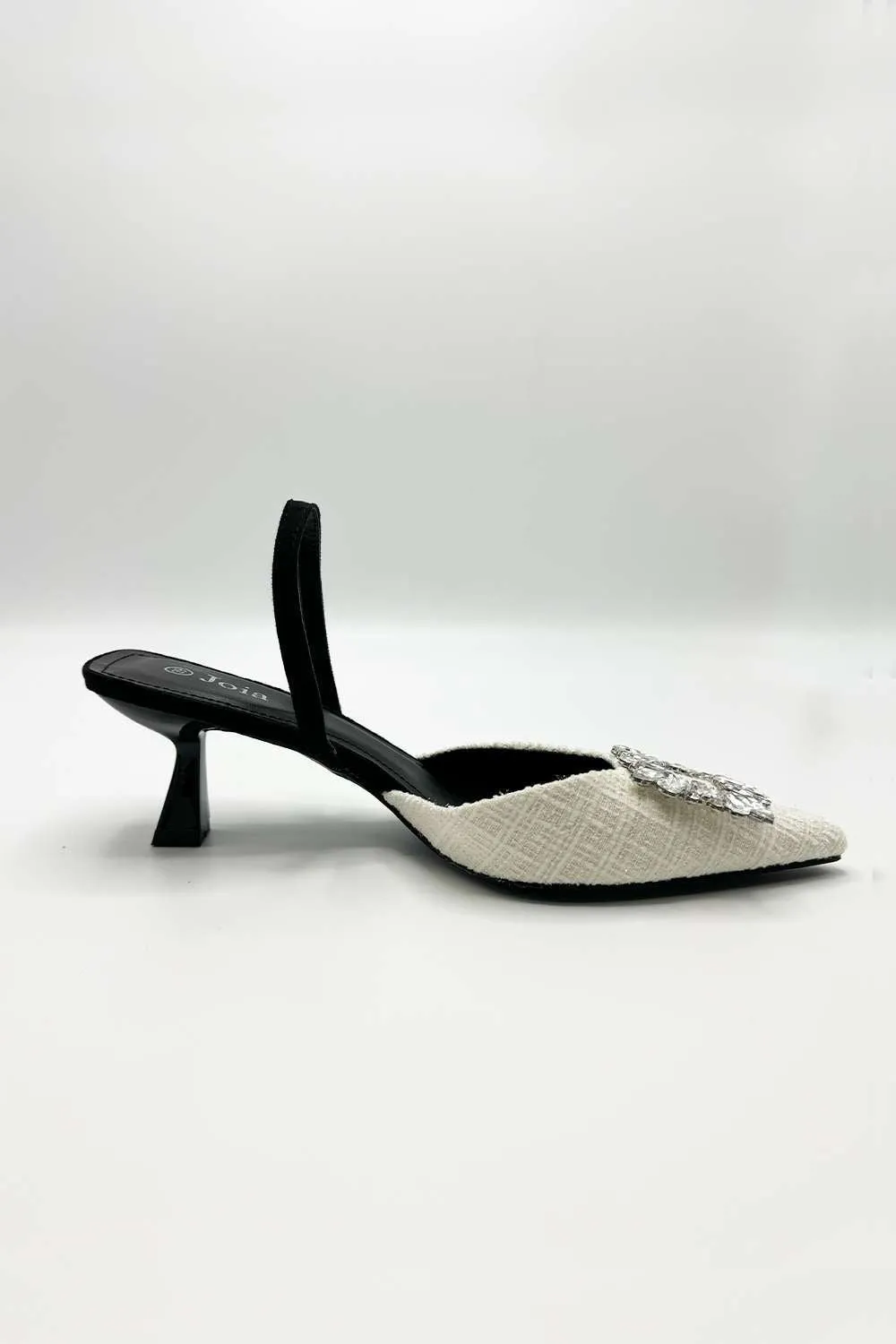 Marcy Diamante Brooch Pointed Toe Textured Court Shoes in Beige