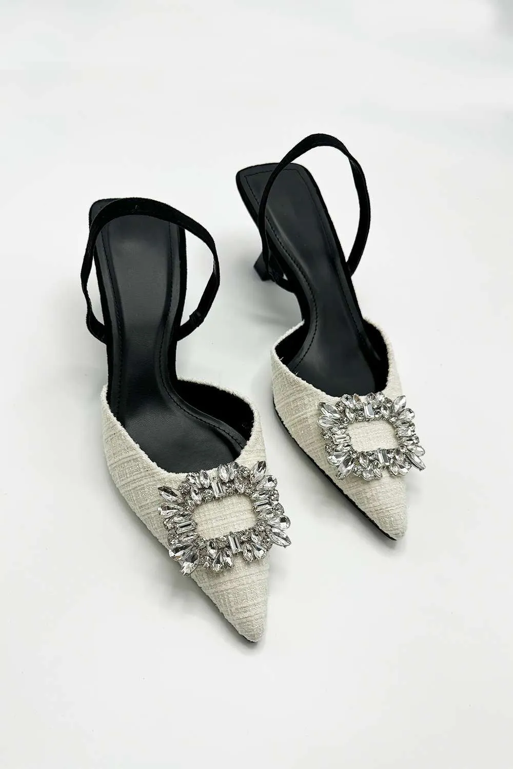 Marcy Diamante Brooch Pointed Toe Textured Court Shoes in Beige