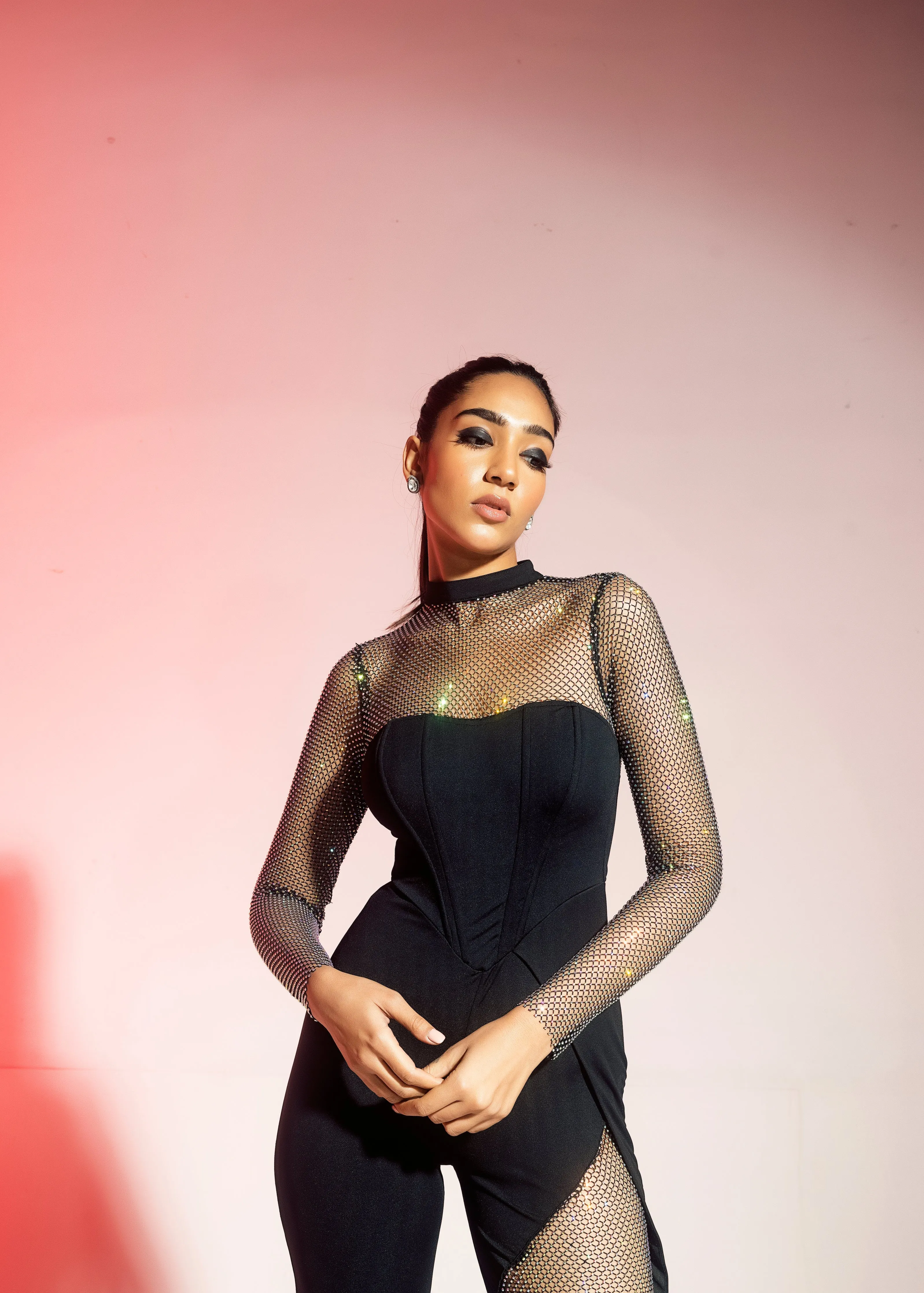 Martina Black Crystal Mesh Corset Jumpsuit