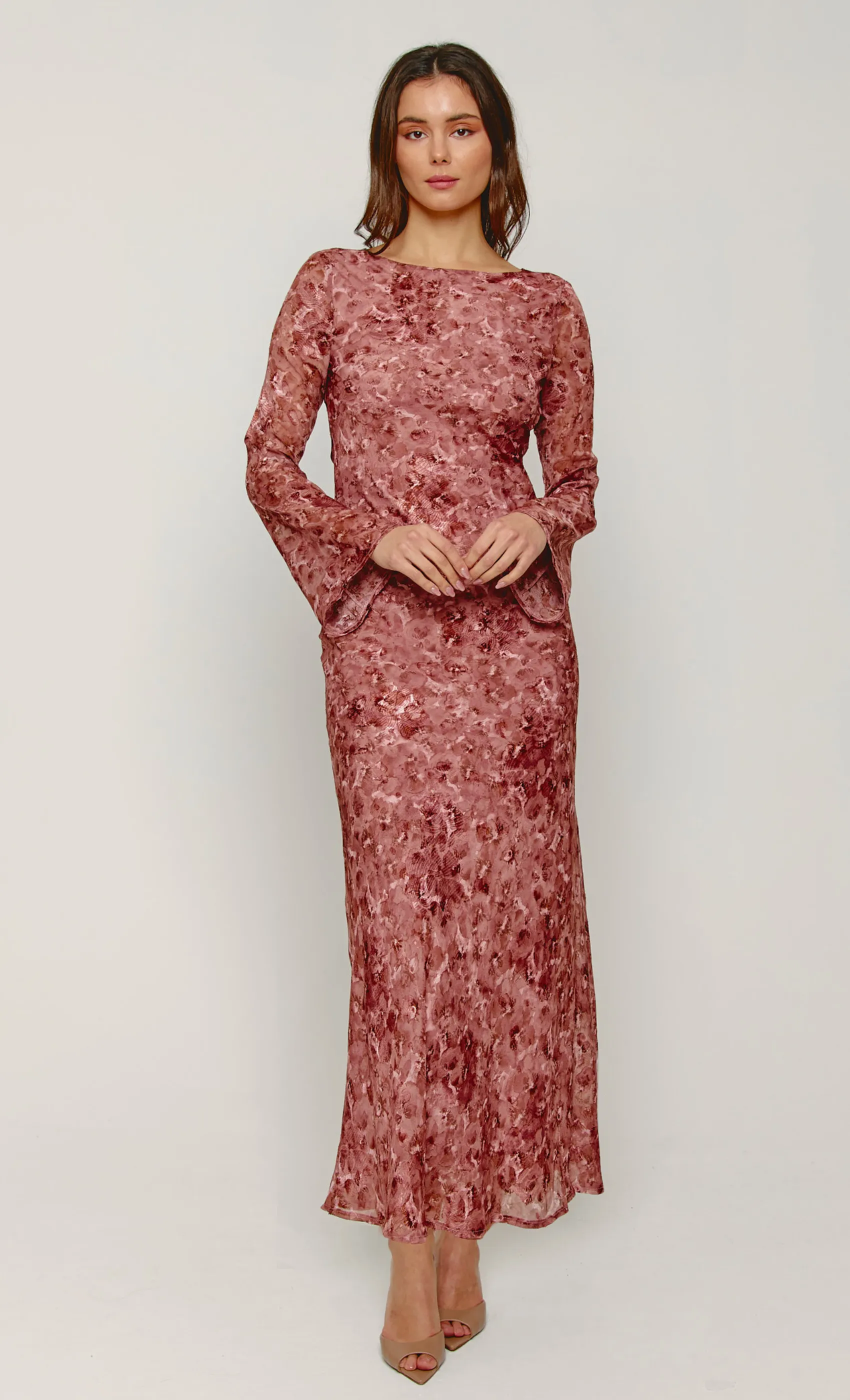 Mauve Bias Cowl Back Maxi Dress