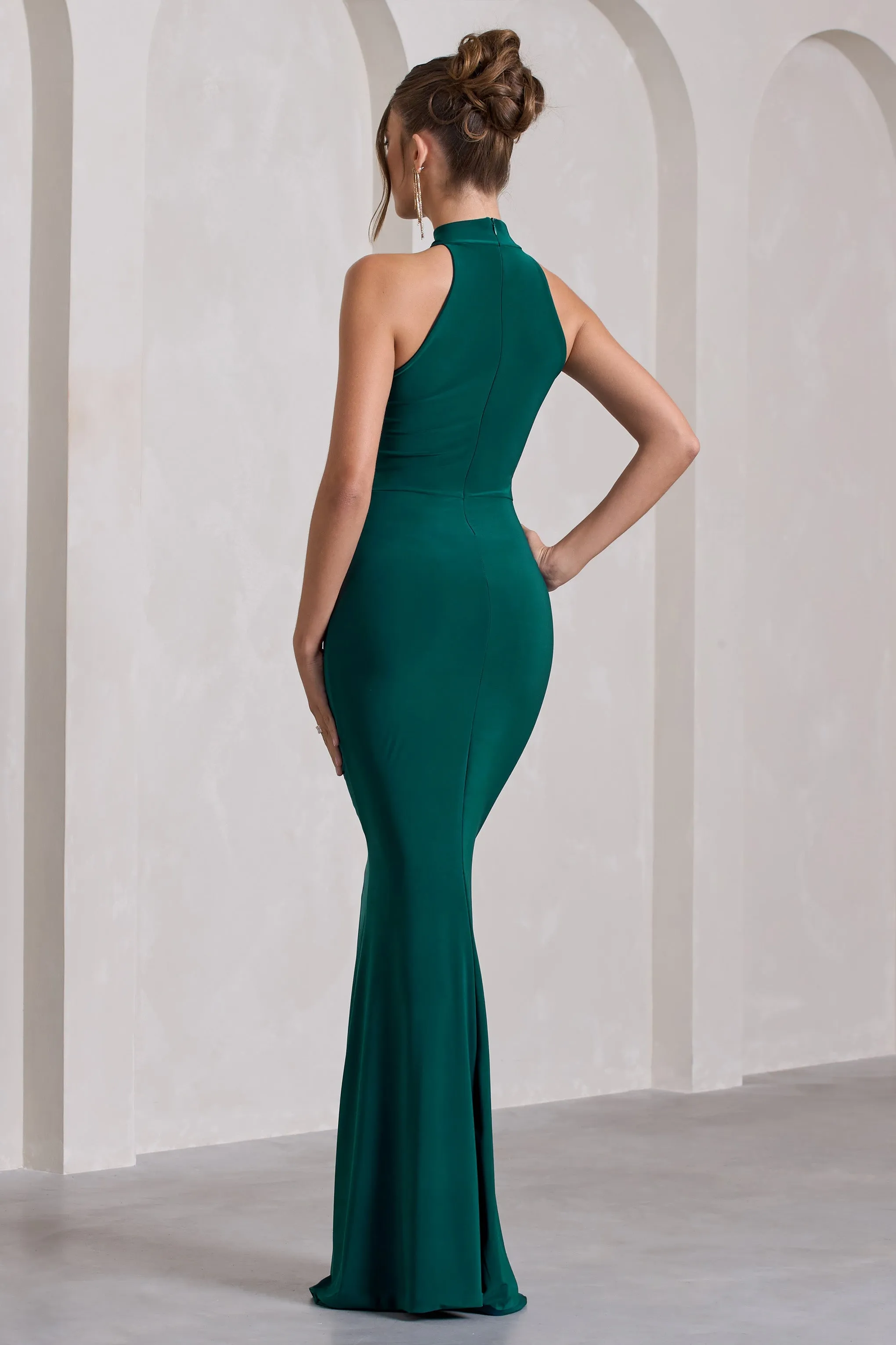 Memorable | Bottle Green Ruched High-Neck Split  Maxi Dress