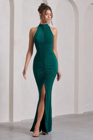 Memorable | Bottle Green Ruched High-Neck Split  Maxi Dress
